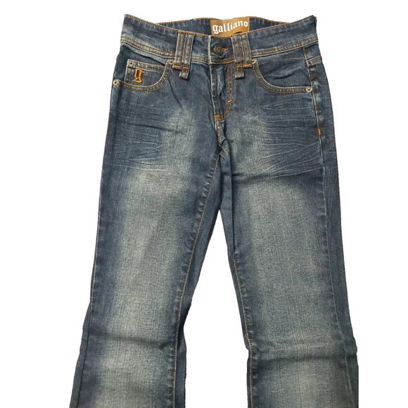 New John Galliano Bronze Silver Gold Big G Low-Rise Flare Jeans Denim Sz 24 …